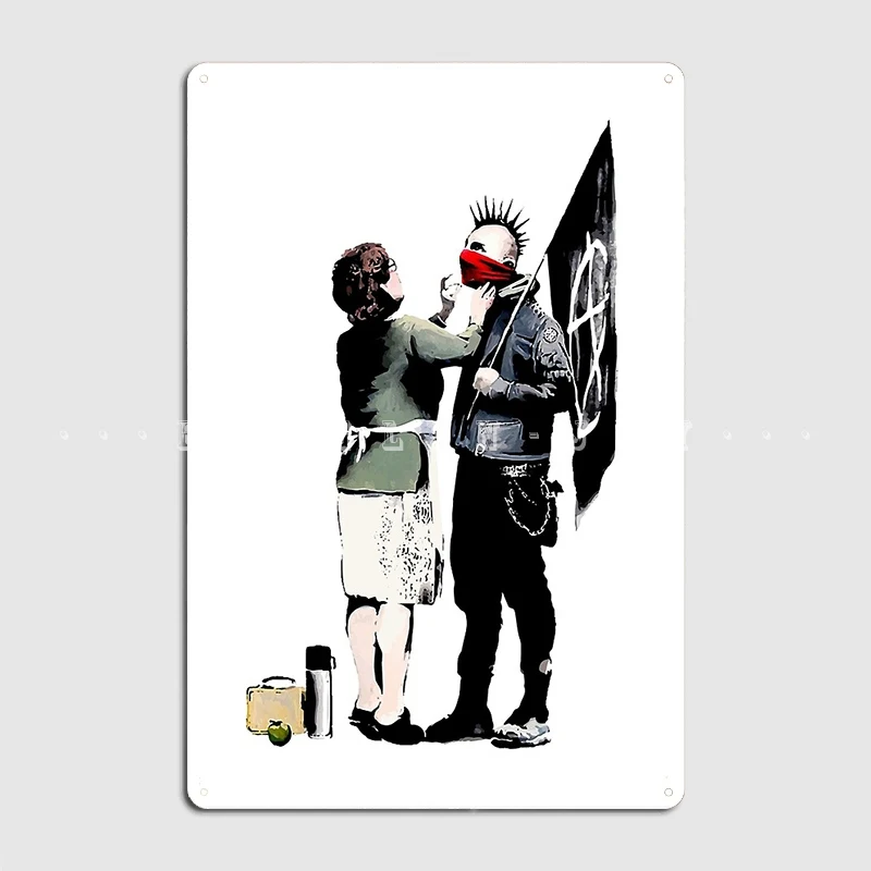 Banksy Anarchist Punk And His Mother Poster Metal Plaque Mural Painting Classic Kitchen Wall Pub Tin Sign Posters