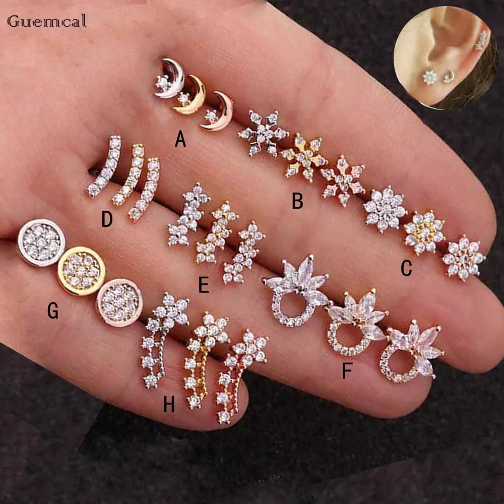 

Guemcal 2pcs Hot Sale Sweet Zircon Flower Moon Earrings Exquisite Body Piercing Jewelry