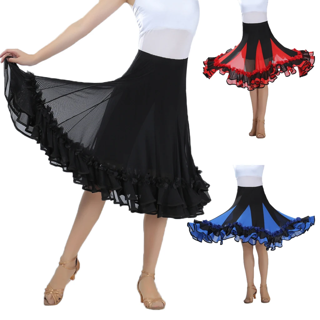 สตรีกระโปรงสีแดงBallroom FlamencoชุดมาตรฐานสีดำWaltz Party Smooth Swingชุดเสื้อผ้ายาว