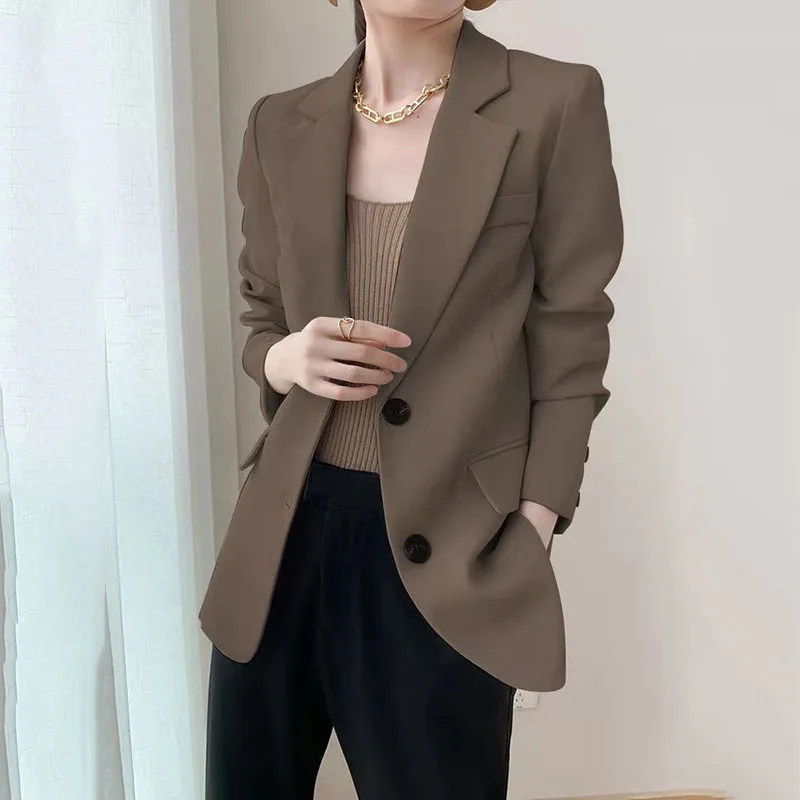 Blazer Baru Wanita Musim Semi Musim Gugur Kasual Pria Kecil Hitam Longgar Kancing Sebaris Elegan Temperamen Wanita Lapisan Jas Jaket