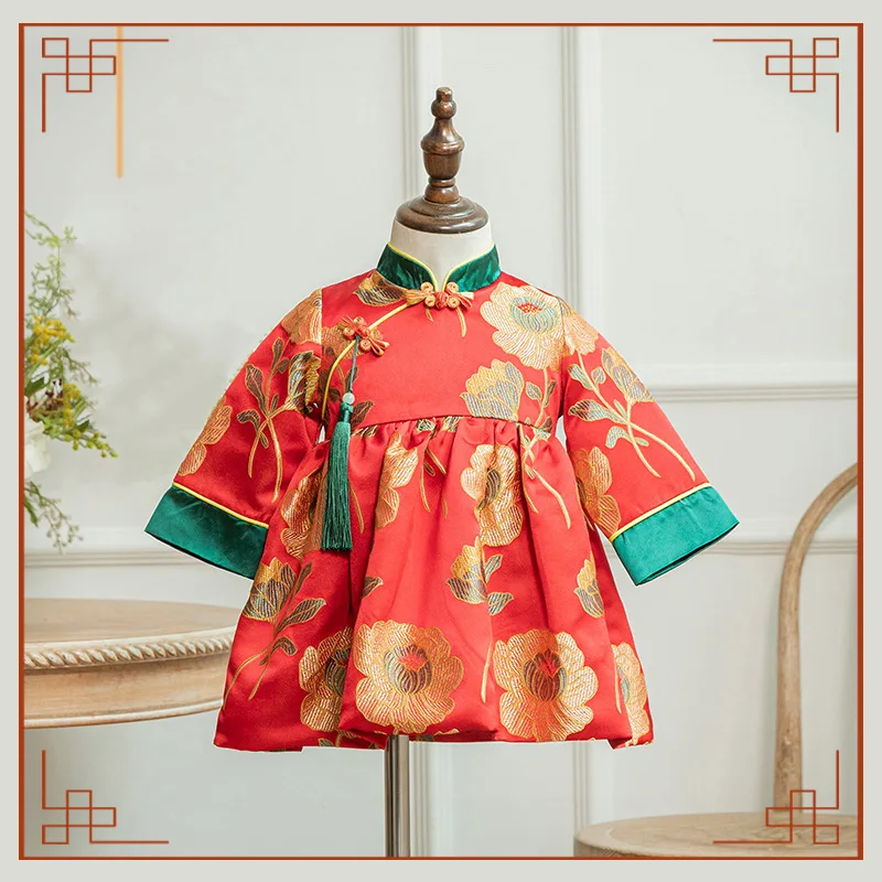 

Kids New Year Outfits Embroidery Long Sleeve Party Dress Chinese Lovely Tang Suit Traditional One Year Old Birthday