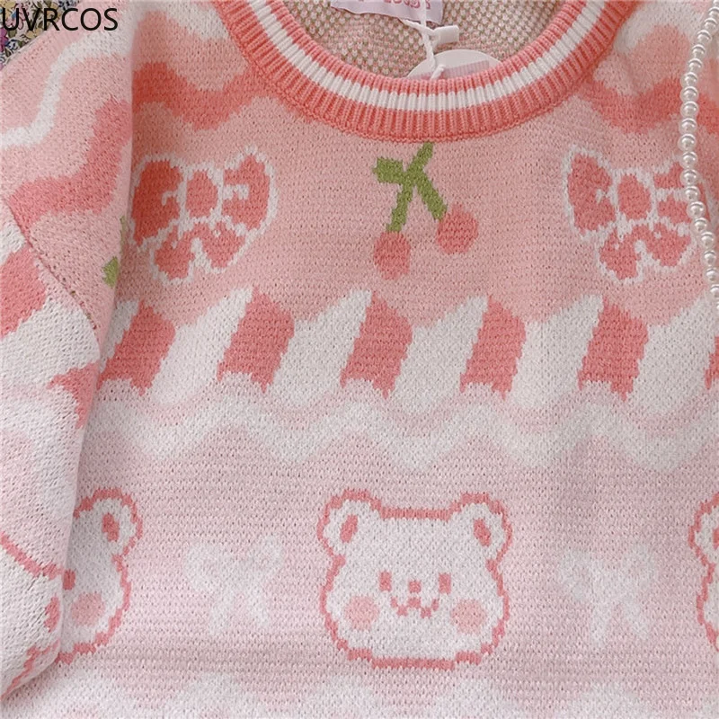 Japanese Sweet Lolita Knitted Pullovers Girls Long Sleeve Strawberry Bear Knit Sweater Autumn Winter Women Pink Warm Jumper Tops