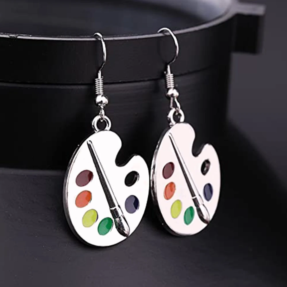 Huitan Fashion Palette Shape Women Drop Earring Brushes and Five-color Paints Personality Girl Earring Unique Gift for Painter