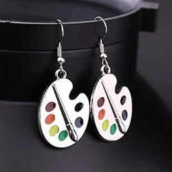 Huitan Fashion Palette Shape Women Drop Earring Brushes and Five-color Paints Personality Girl Earring Unique Gift for Painter