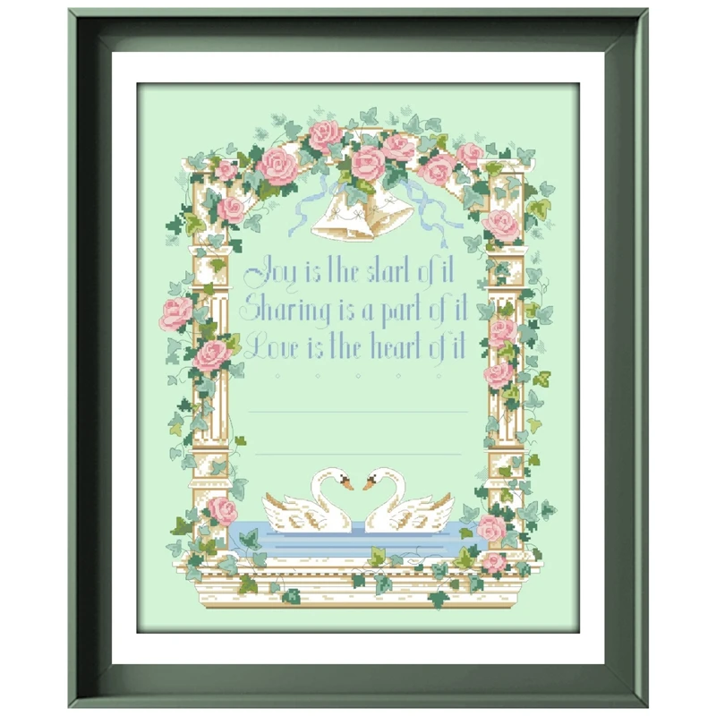 Together forever cross stitch package swans rose lovers marriage 18ct 14ct 11ct light green cloth cotton thread embroidery DIY