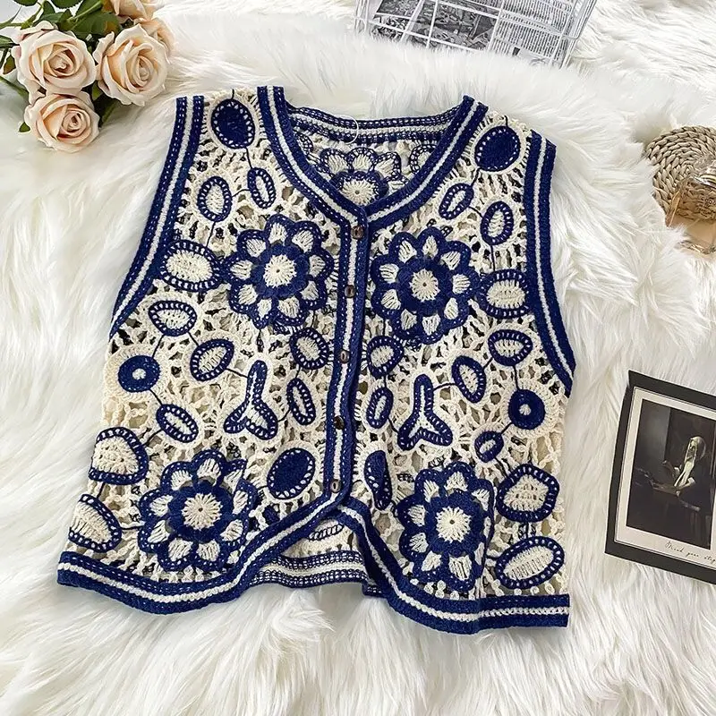 Women Vests Sweaters Hollow Out V-neck Embroidery Single Breasted Vintage Retro Folk-custom Design Sleeveless Knitted Outerwear