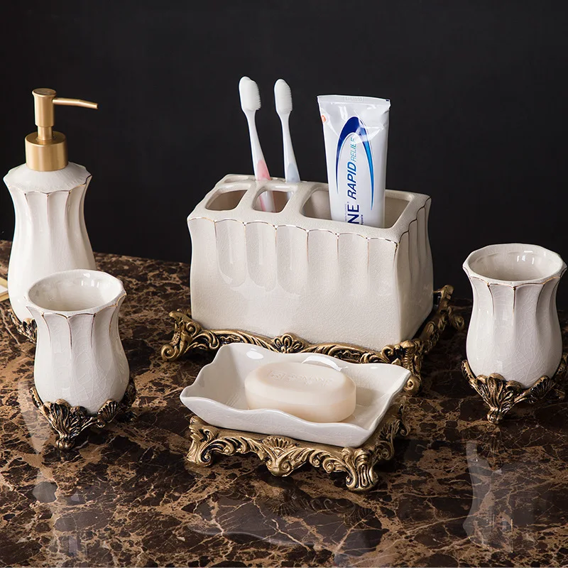 Crack Glaze Series Bathroom Accessories, Soap Dispenser, Bar Soap Dish, Tumbler, and Toothbrush Holder, Retro Luxury Style