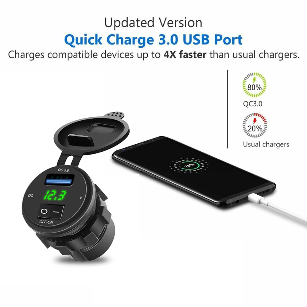 Cargador USB de 18W para coche, adaptador de carga rápida a prueba de agua con interruptor de encendido y apagado, QC3.0, toma de corriente para coche, motocicleta, marino