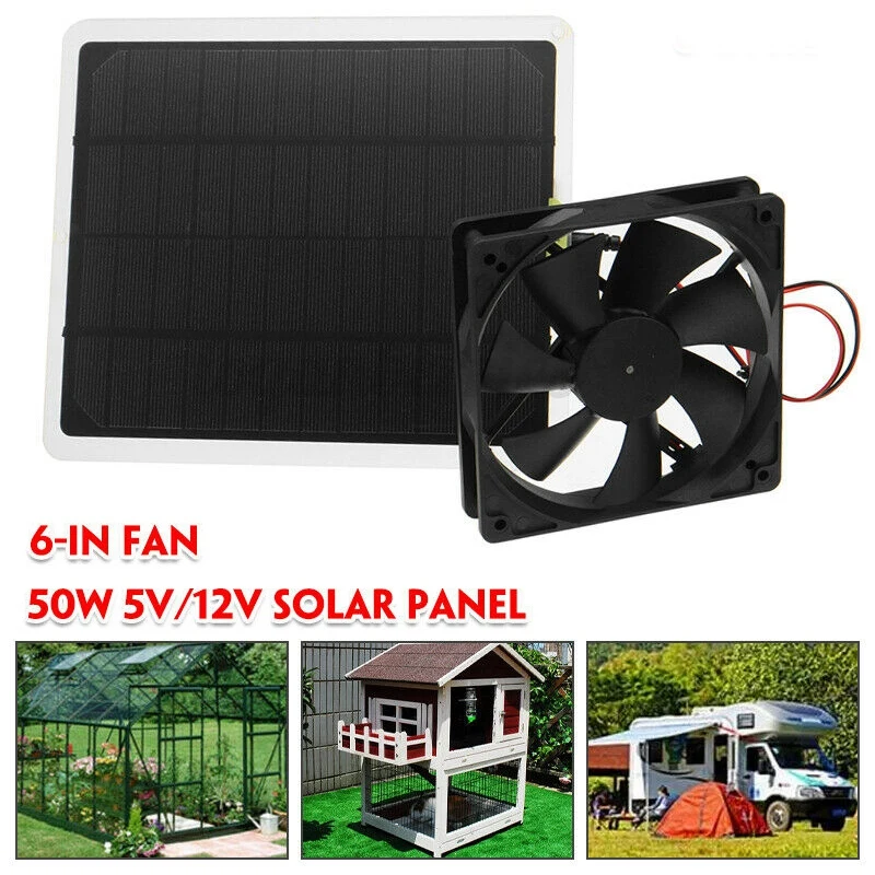 RV Solar Exhaust Fan 50W 6 Inch Mini Ventilator IP65 Waterproof Solar Panel Powered Fan for Car, Greenhouses, Pet Houses