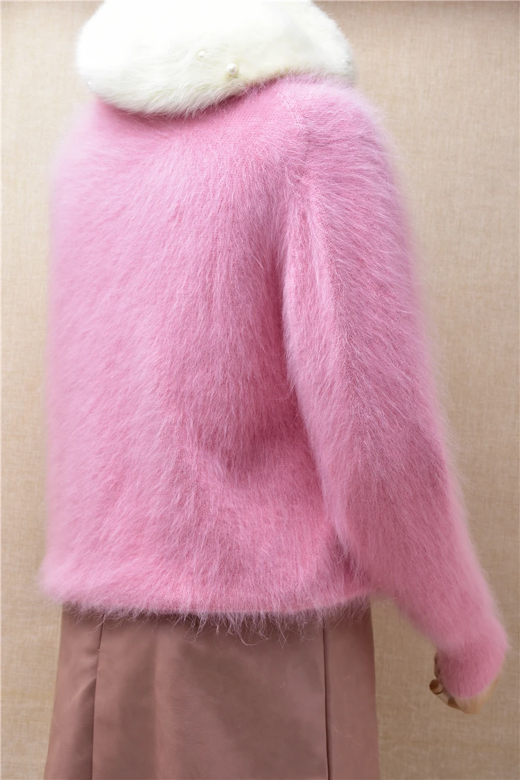 ladies women sweet pink hairy mink cashmere o-neck short style slim pullover angora rabbit fur winter jumper sweater tops blouse