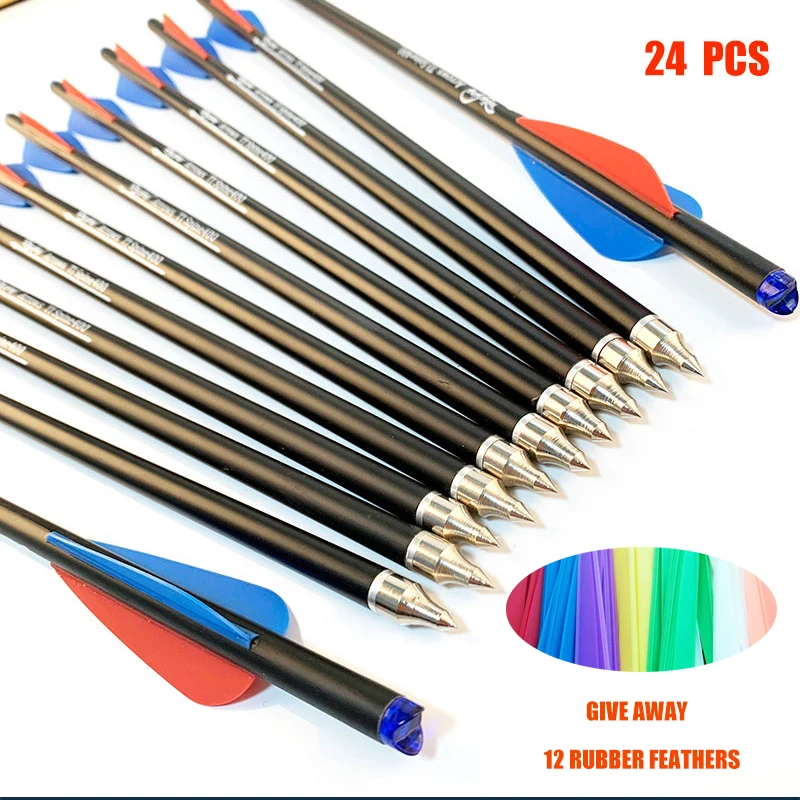 

24pcs bow and Aarrow Hunting Carbon Arrow 2 Blue and 1 red Feather Replaceable Arrow Bolts for Outdoor Archery