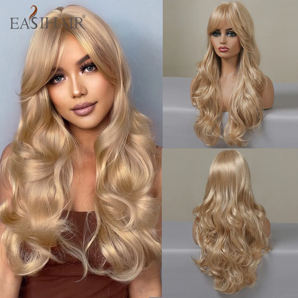 Easihair Ash Blonde Golvende Cosplay Pruiken Met Pony Natuurlijke Lange Synthetische Haren Voor Vrouwen Lolita Party Hittebestendige Vezels Pruik