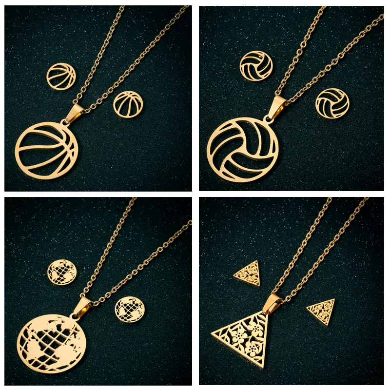 Hot stainless steel jewelry set women's volleyball globe triangle tennis necklace map earrings jewelry gifts for kids girls 2020