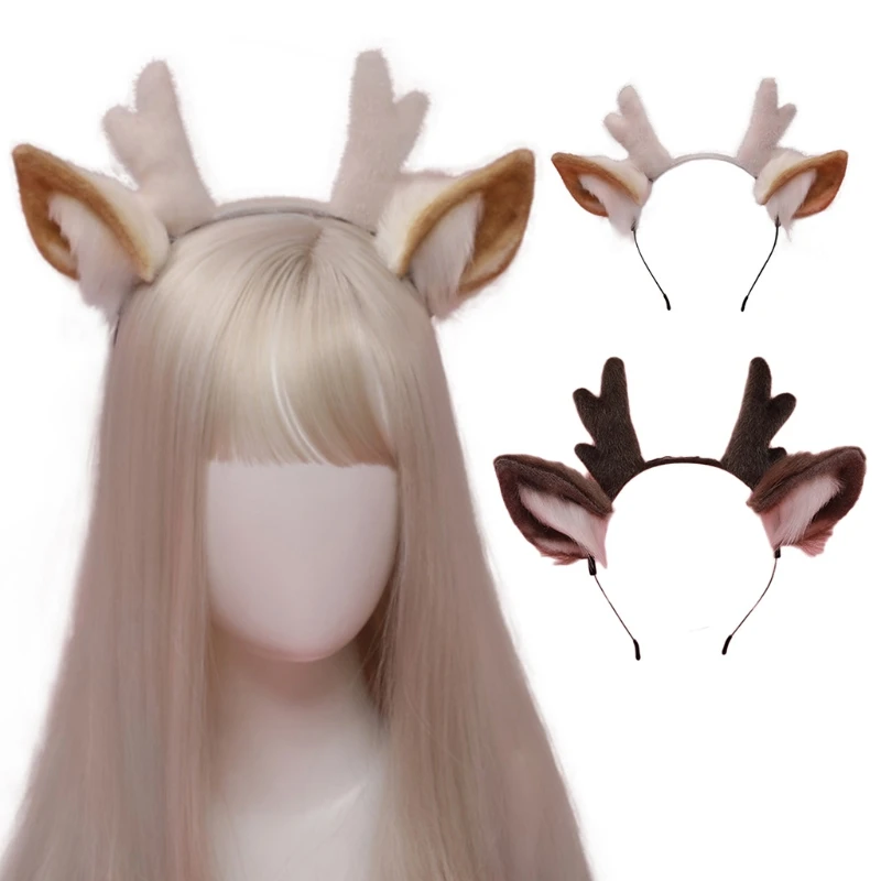 Orecchie di cervo animale da donna copricapo peluche corna fascia per capelli fascia pelosa Anime per Halloween accessori Cosplay di natale