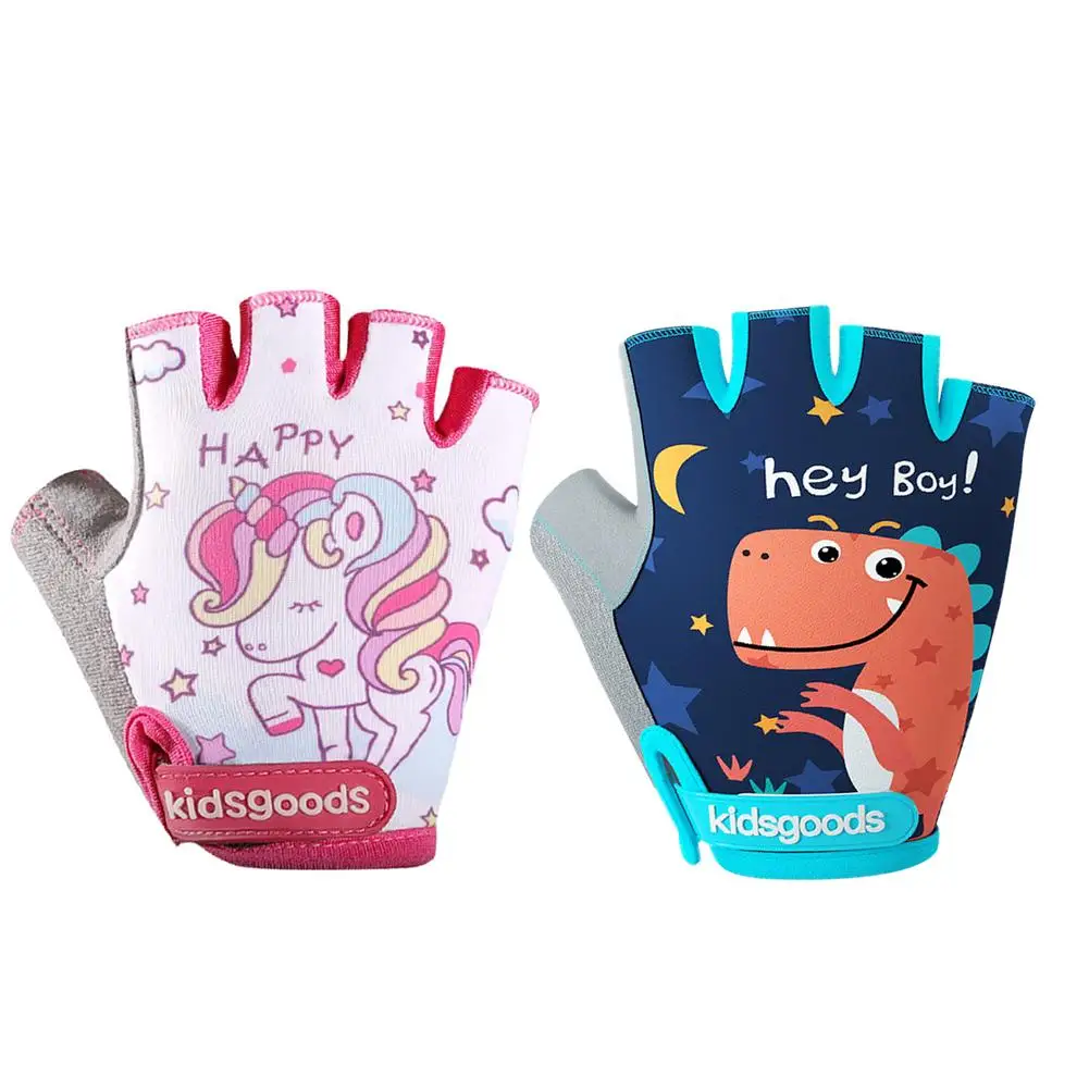 Child Cycling Gloves Elastic Non-slip Bike Gloves Cartoon Dinosaur Unicorn Printed Half Finger Bicycle Gloves Riding Equipment