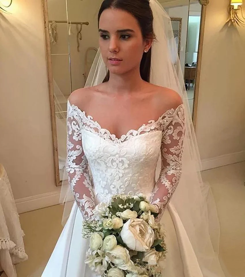 Immagine 5: Abiti da sposa in raso Country maniche lunghe Appliques in pizzo una linea abito da sposa Sweep Train abiti da sposa Vintage con spalle scoperte Boho