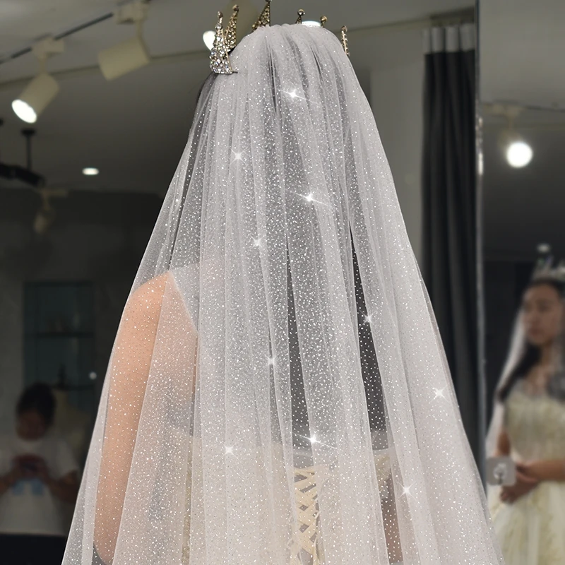 B58-L Sparkly Bling Bling Long Veils White Champagne Chapel Length Two Layer Bridal Veil with Comb Cover Face Wedding Veils