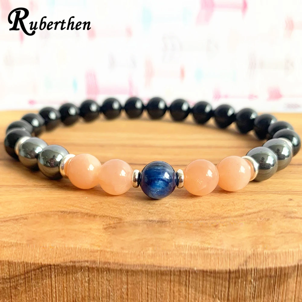 Ruberthen AAA Grade Blue Kyanite Bracelet Sunstone Hematite Black Tourmaline Wrist Mala Negative Energy Protection Bracelet