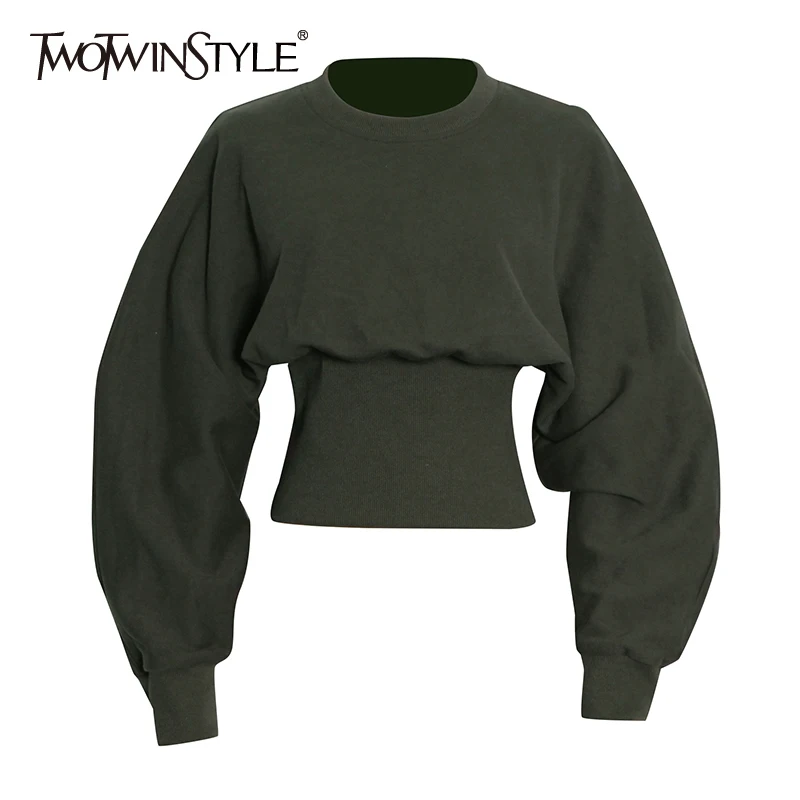 TWOTWINSTYLE Green Sweatshirts For Women Slim Plain O Neck Long Sleeve Casual Pullovers Female 2021 Autumn Clothing Fashion New