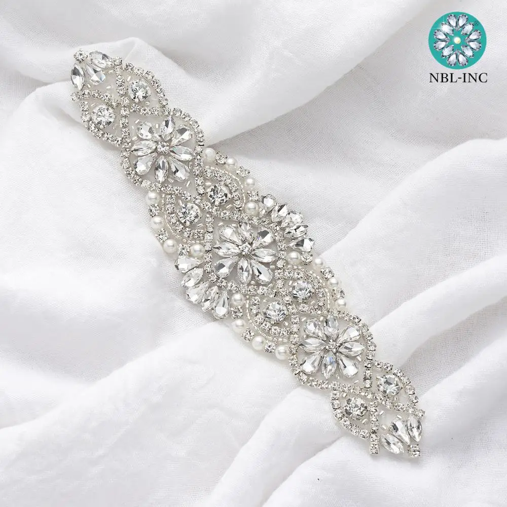 (10PCS) Handmade beaded bridal silver clear rhinestone crystal applique iron on for wedding dresses sash belt DIY WDD0152