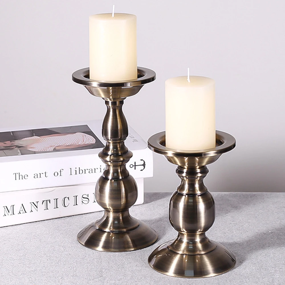 Retro Golden bronze Candlestick Iron Craft Wood grain Candle Supporter DIY LED Tealight Stand Home Office Cabinet Ornament Gift