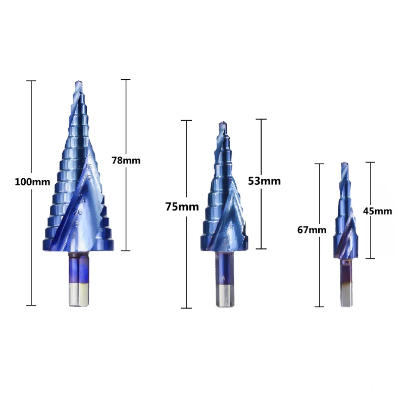 Hampton HSS 4-12/20/32mm Nano Blau Beschichtet Pagode Form Loch Cutter Dreieck Schaft Schritt bohrer Bit Power Tool Schritt Kegel Bohrer – Detail 1