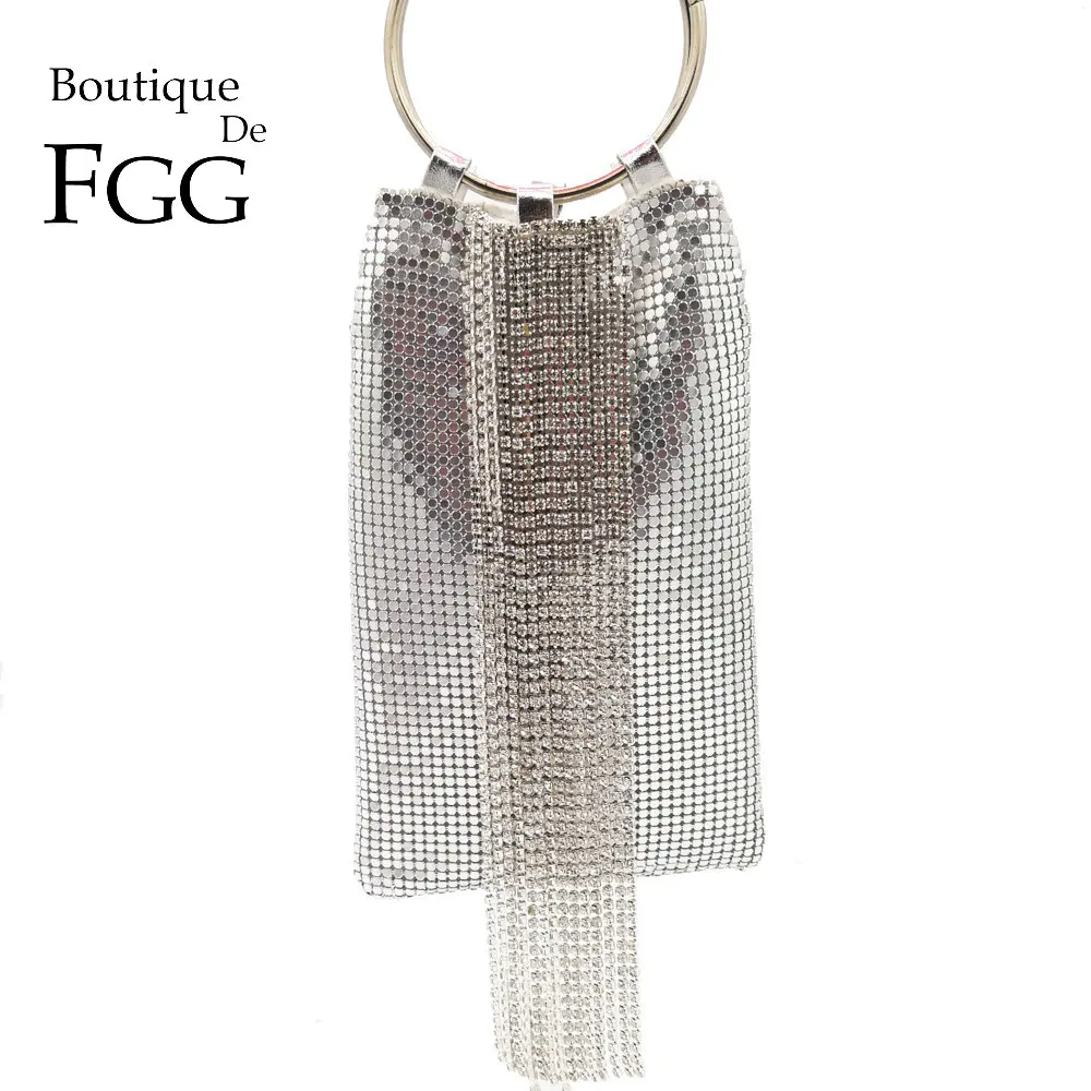 Boutique De FGG olśniewająca srebrna kryształowa kopertówka torebka z frędzlami damska aluminiowa torebka wieczorowa imprezowa, koktajlowa opaska na nadgarstek torebka z kopertówką