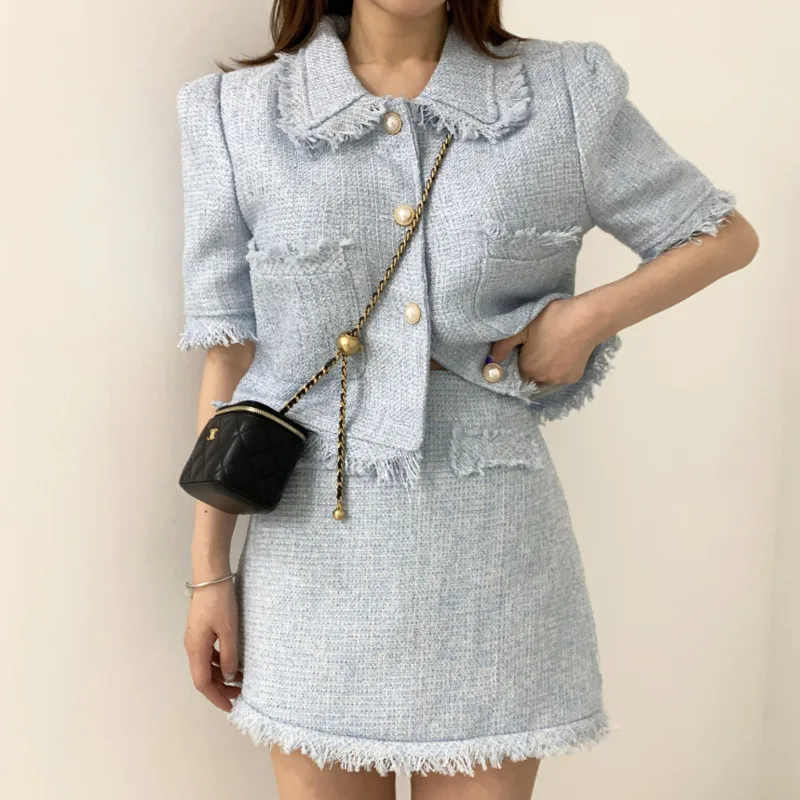 2022 Summer Ladies Blazer Set Skirt Jacket Coat + Slim High Waist Skirts Mini Solid Slim Casual Vintage Tweed 2 Pieces Set