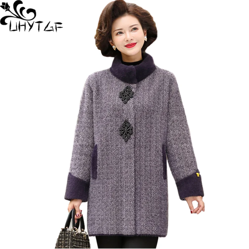 

UHYTGF New 6XL Large Size Coat Women Quality Mink Fleece Autumn Winter Woolen Jacket Female Mid-Length Thick Warm Outerwear 1343