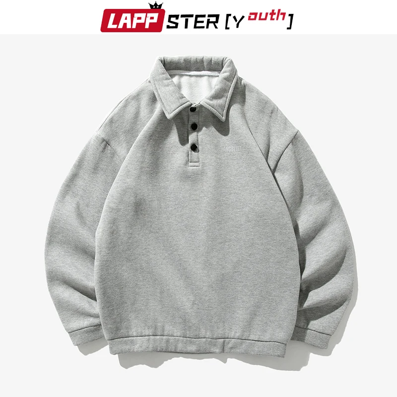 LAPPSTER-Youth Men Solid Korean Harajuku Patchwork Hoodies 2023 Autumn Pullover Casual Sweatshirts Turndown Collar Clothing