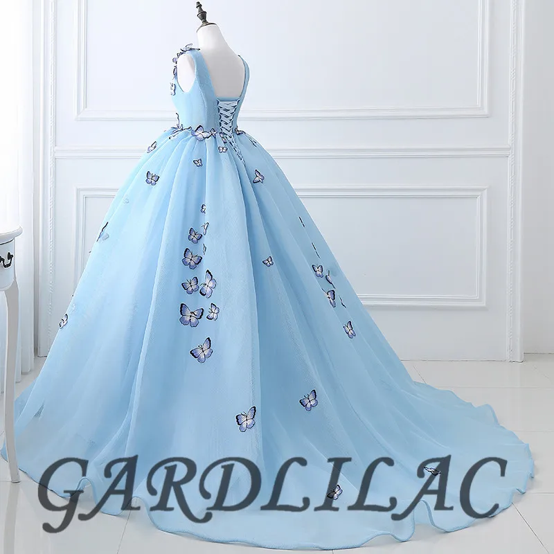 Vestido de baile azul con cuello en V, quinceañera, mariposa 3D, cuentas, largo, Formal, para baile de graduación