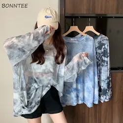 T-shirt a maniche lunghe donna Tie Dye allentato estate resistente al sole trasparente Design semplice stile coreano Sexy femminile top adolescenti elegante Chic