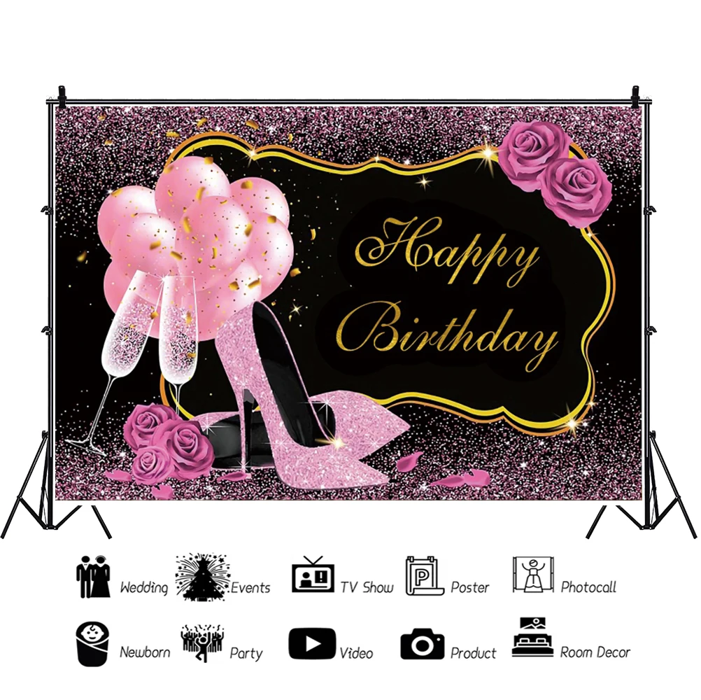 Laeacco rosa tacchi alti festa di buon compleanno sfondo fotografia rosa palloncino ragazze ritratto personalizza Banner foto sfondo