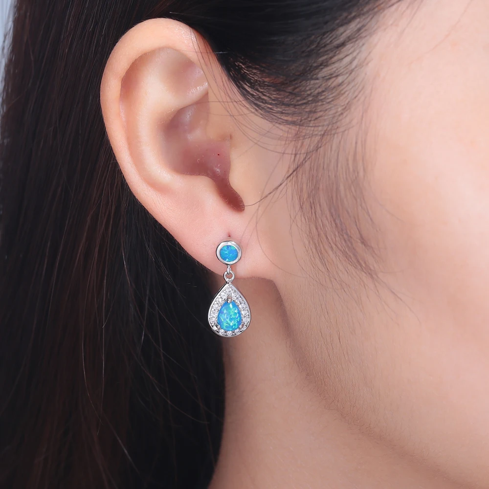 CiNily Created Blue Fire Opal Cubic Zirconia Silver Plated Wholesale for Women Jewelry Stud Earrings 21mm OH3177