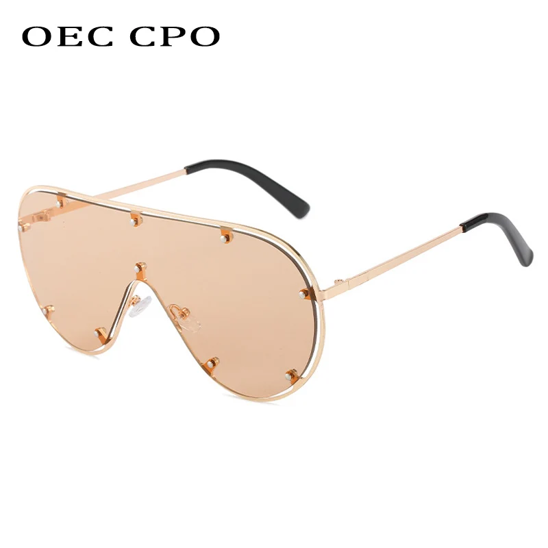 OEC CPO Oversized Rimless Sunglasses Women Fashion Rivets One Piece Lens Sun Glasses Female Vintage Shades Goggles Eyewear UV400