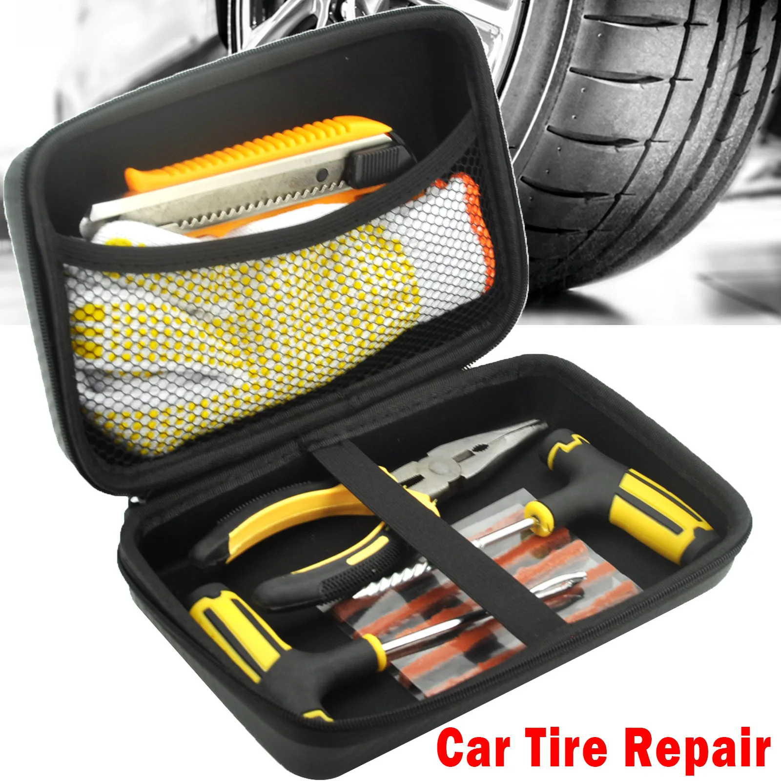 Car Tire Repair Tackle Kit Auto Bicycle Motorcycle Hand Tool Tubeless Professional Puncture Plug Garage Tools EVA Storage Case