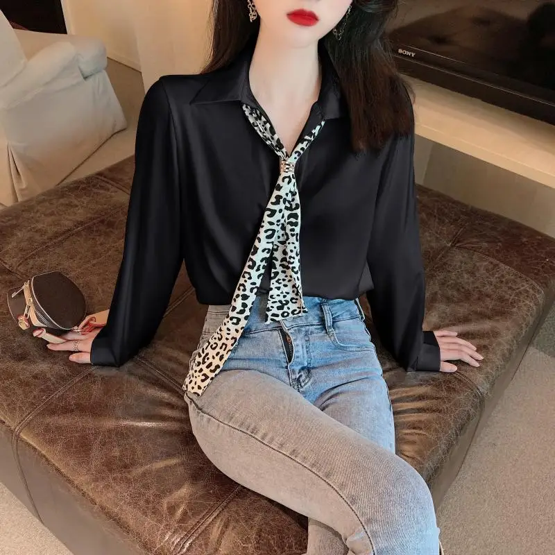 

Black Satin Shirt 2021 Autumn New Necktie Chiffon Shirt Fashion Vintage Blouse White Lady Long Sleeve Female Loose Street Shirts