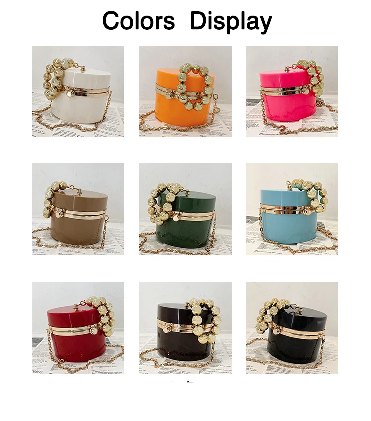 Acrylic Round Party Evening Clutch Bag for Women Golden Beaded Handles Female Purses and Handbags Shoulder Crossbody Chain Bag