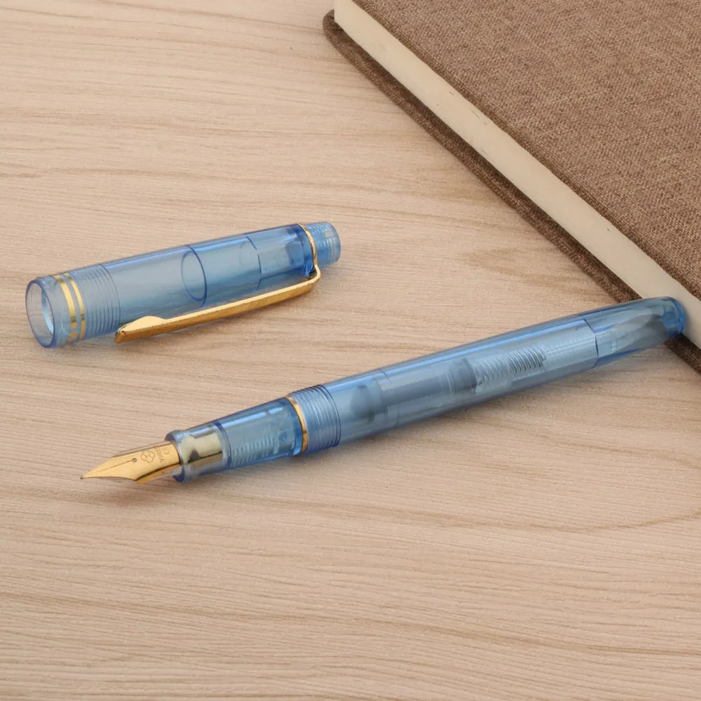 Transparent Blue Classic Rotation Screw Design Fashion Golden Plastic EF Nib Fountain Pen