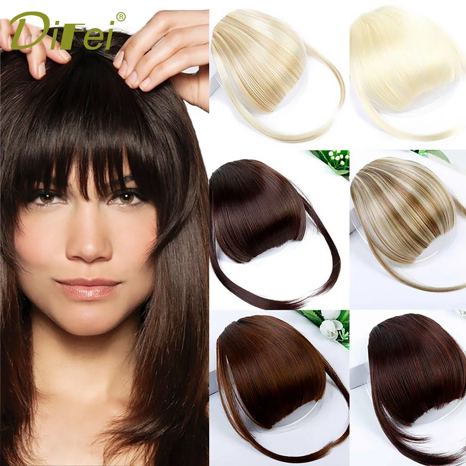 DIFEI-extensiones de cabello con flequillo falso, Clip de fibra sintética de temperatura, flequillo con patillas curvadas, color negro y marrón