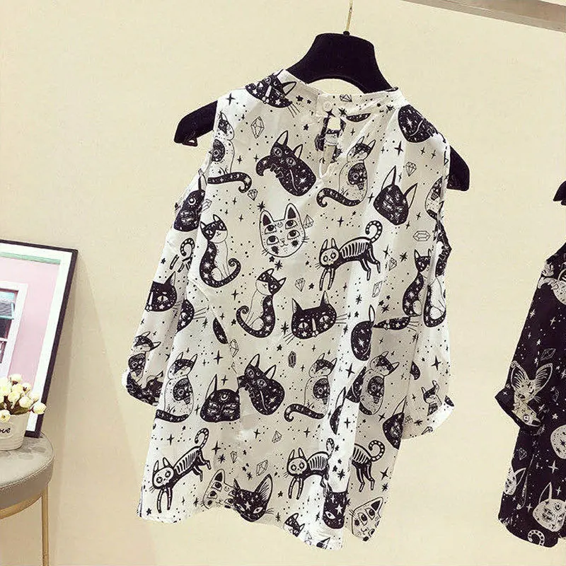 Towerke Fashion Cat Print Zomer Nieuwe Slim Tops Zoete Chiffon Overhemd Vrouwen Blouses Casual Wit Zwart Blusas Mujer Streetwear