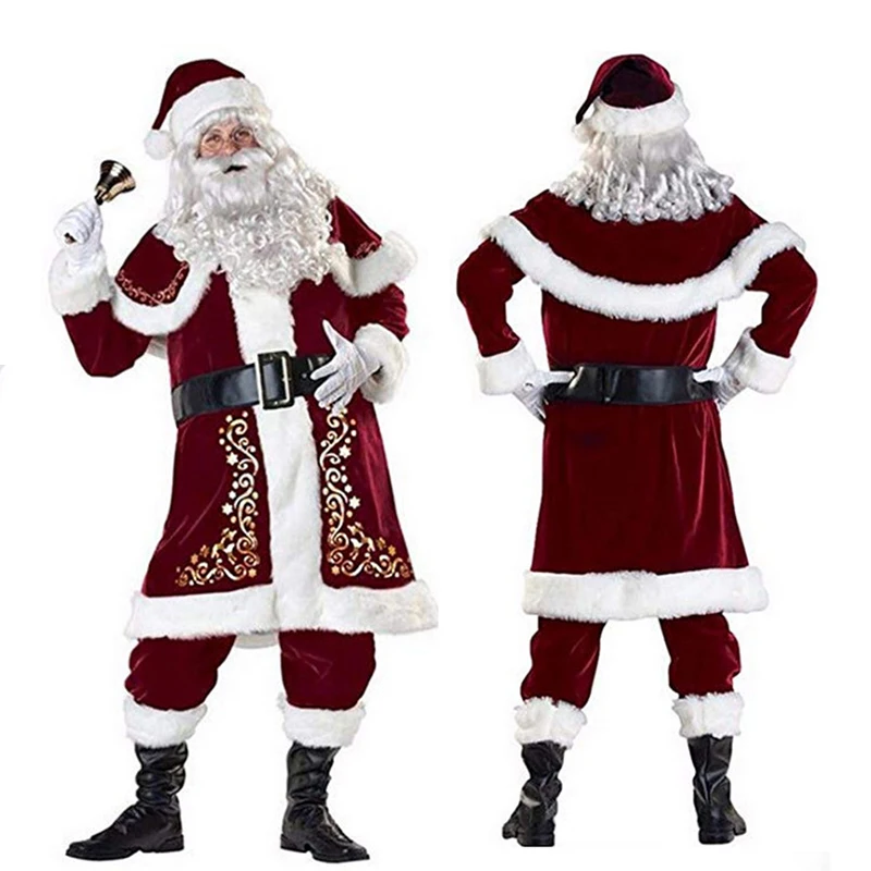 Fantasia Cosplay de Papai Noel para adultos, vermelho, veludo deluxe, fantasia, terno de Natal, festa de Natal, roupas familiares, conjunto 8 peças