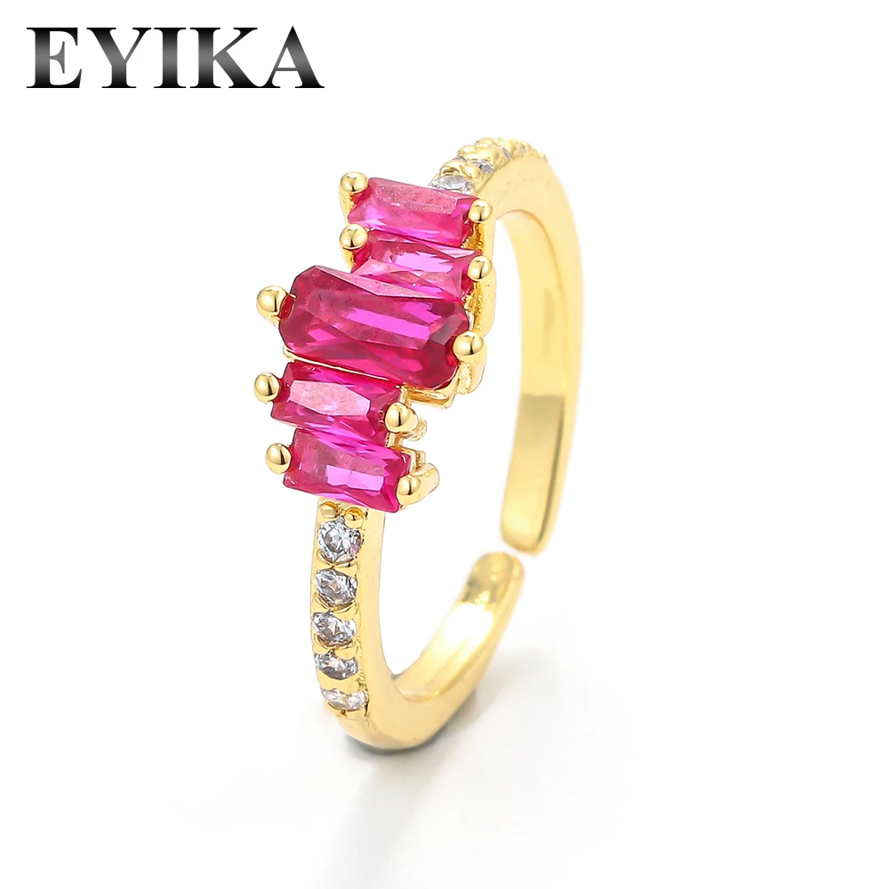 

EYIKA Trendy Gold Silver Color Women Baguette CZ Open Rings Square Black Red White Crystal Zircon Cocktail Ring Wedding Jewelry