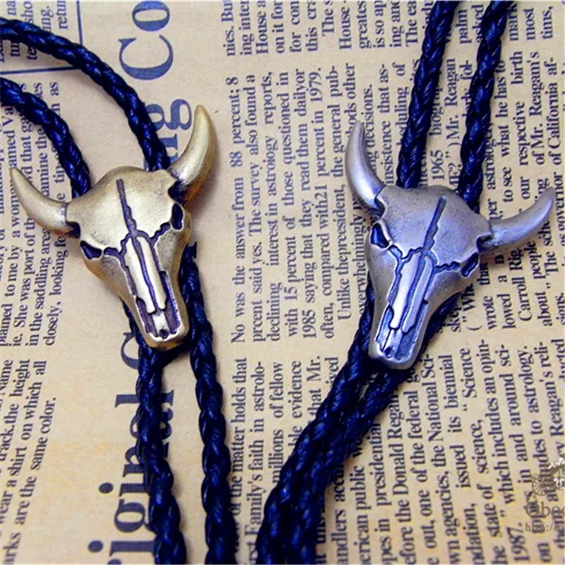 Adjustable Bull Head Western Cowboy Bolo tie Rodeo Dance Necktie Faux Leather Pendant Necklace