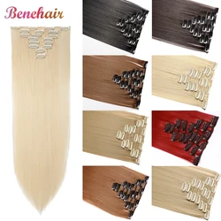 BENEHAIR-Pinzas sintéticas para el cabello, extensiones largas y rectas de 23 pulgadas, postizo falso, color rojo, negro y marrón