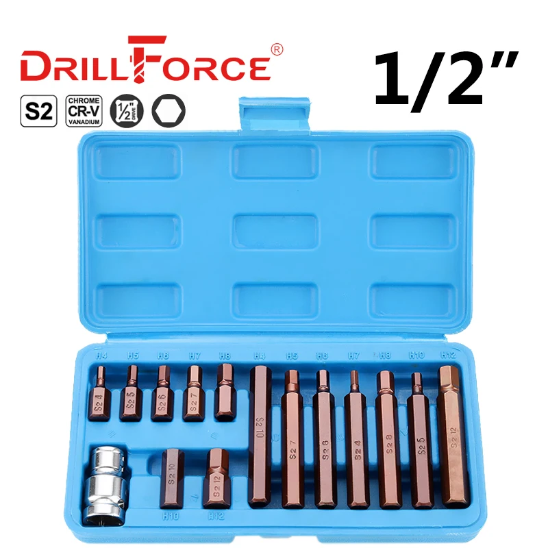 

Набор торцевых головок Drillforce, 15 шт., Φ 1/2 дюйма, адаптер S2, торцевой ключ, инструменты для домашнего ремонта H4/H5/H6/H7/H8/H10/H12