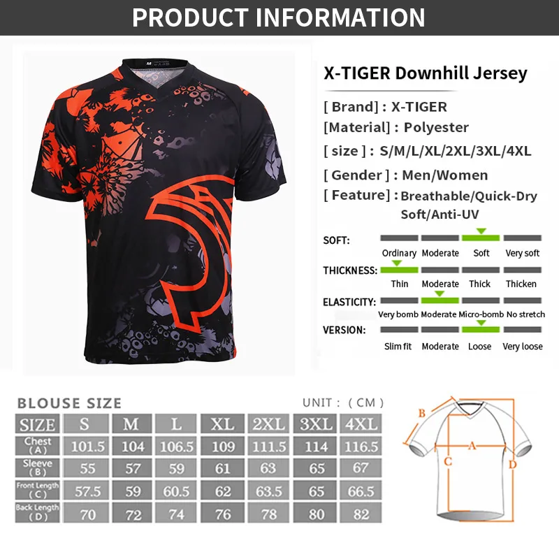 X-Tiger Downhill Jerseys Quick-Dry Mountain Bike DH Shirt 100% Polyester MTB Motocross Sports Racing T-Shirt