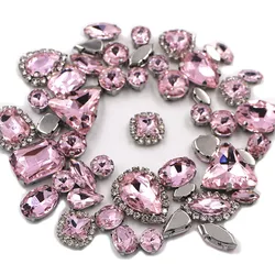 50pcs/Bag Pink Mixed Shape Sew on Glass Rhinestone Silver Claw and Crystal Buckle Diy Wedding Decoration Clothes/Shoe/Dress