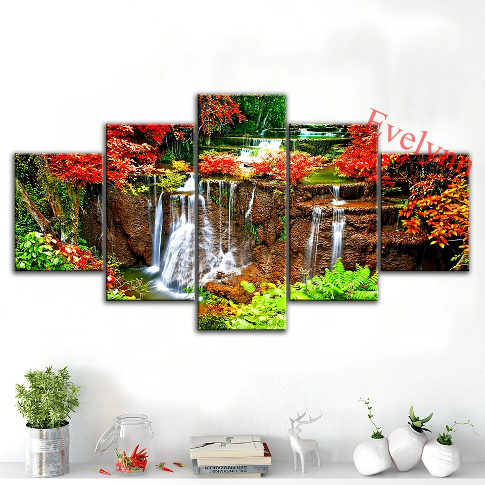 

5 Pieces Nature, Autumn, Waterfalls Poster Modern Canvas Modular Pictures Wall Art Prints Home Decor Painting Living Room Frame