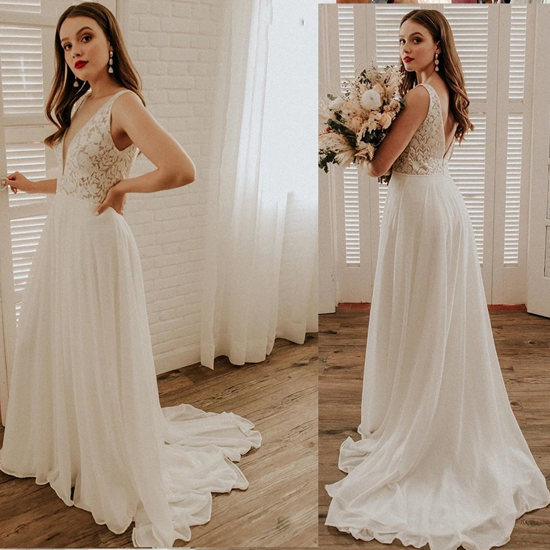 Abito da sposa Boho semplice pizzo e Chiffon Backless Bohemian Bridal a-line abiti da sposa senza maniche Sweep Train splendido